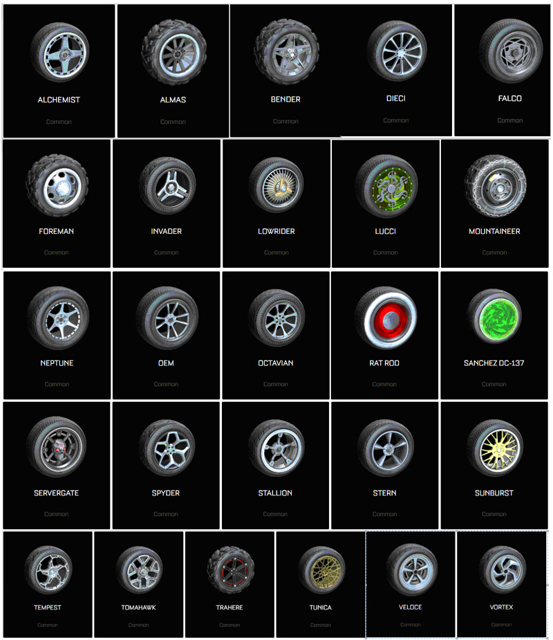 26 Common wheels in current version of Rocket League for all platforms.